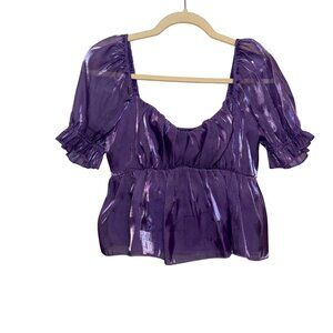 Shiny Purple Peasant Blouse Short Puff Sleeves Ruched Waist Ruffle Trim Large